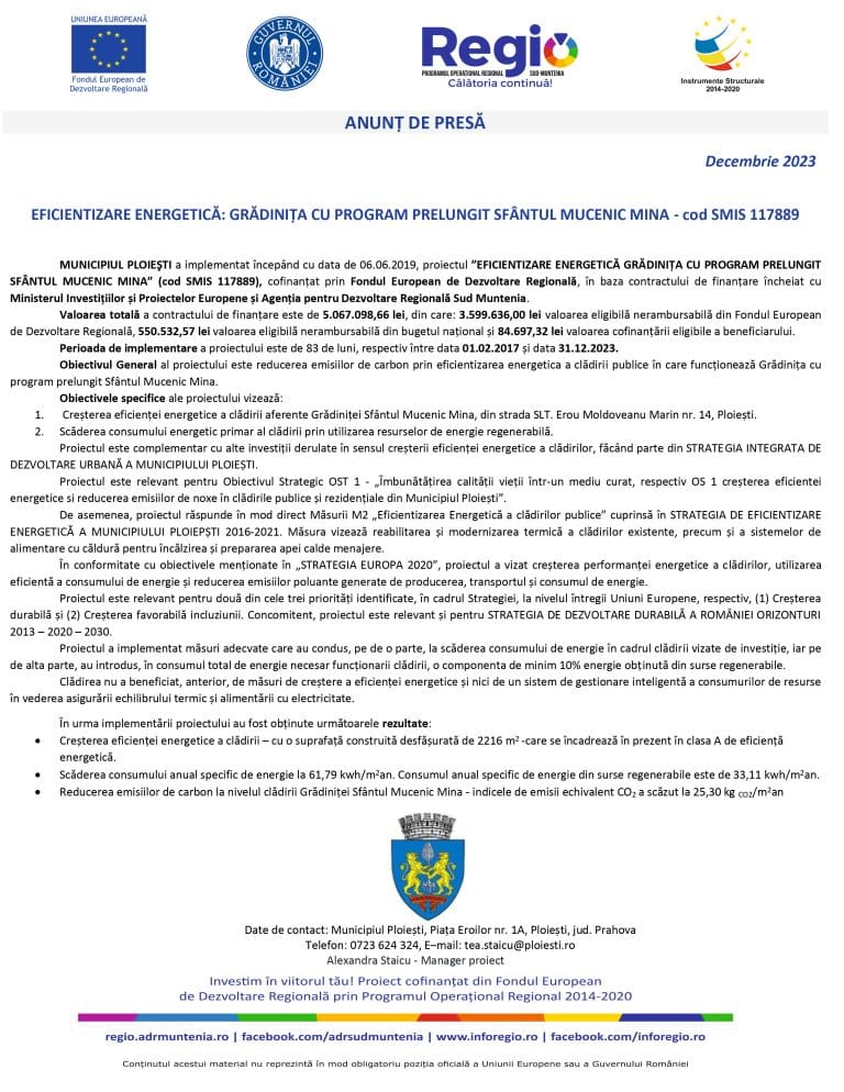 Anunț de presă finalizare proiect Municipiul Ploiești – Grădinița Sf. Mucenic Mina