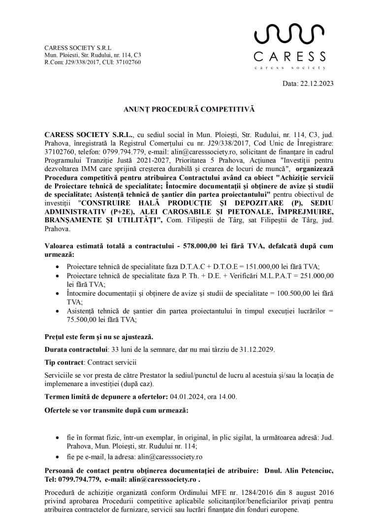 Anunț procedură competitivă SC CARESS SOCIETY SRL