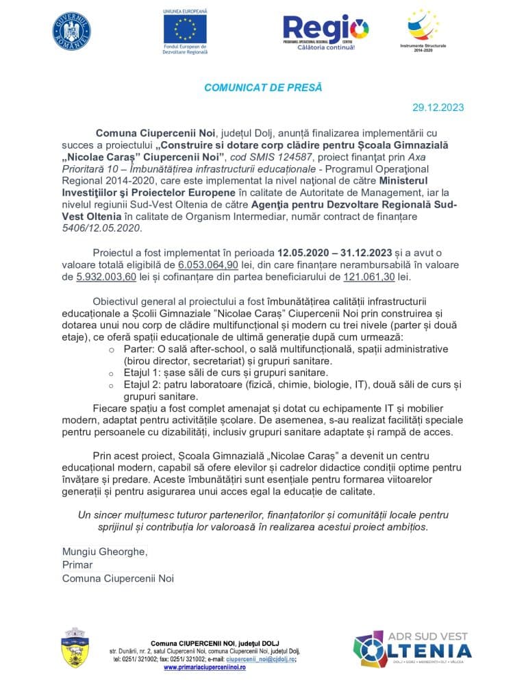 Comunicat de presă Comuna Ciupercenii Noi