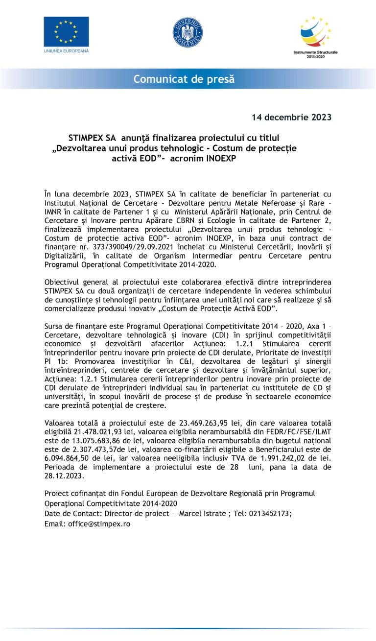 Comunicat de presă încheiere proiect STIMPEX SA
