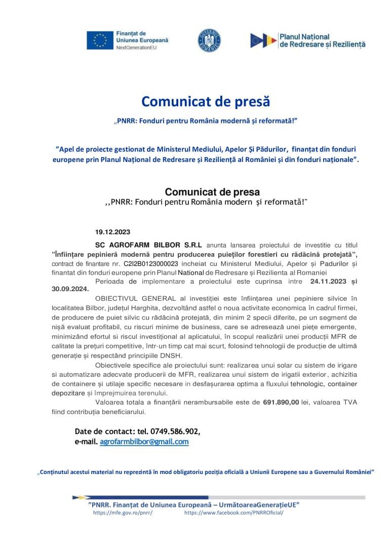Comunicat de presă AGROFARM BILBOR SRL