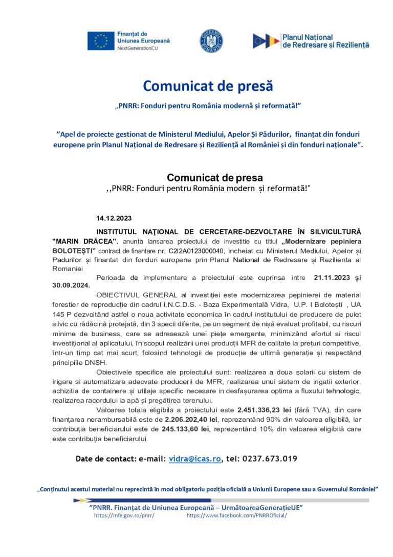 Comunicat de presă Institutul Național de Cercetare-Dezvoltare în Sivicultură Marin Drăcea