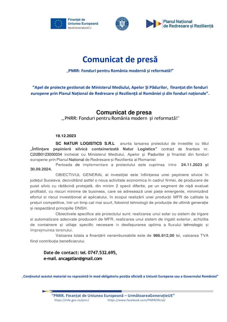 Comunicat de presă NATUR LOGISTICS SRL