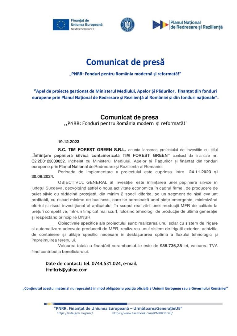 Comunicat de presă TIM FOREST GREEN SRL
