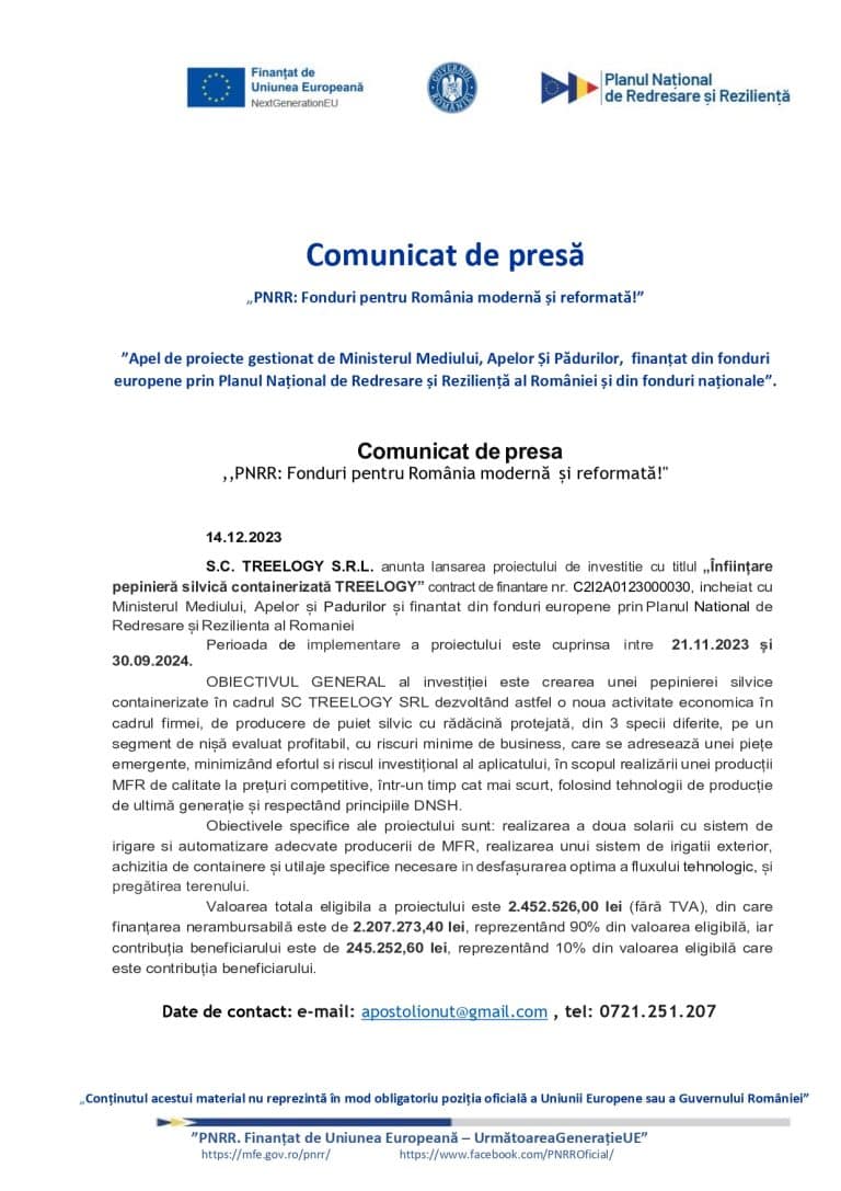 Comunicat de presă TREELOGY SRL