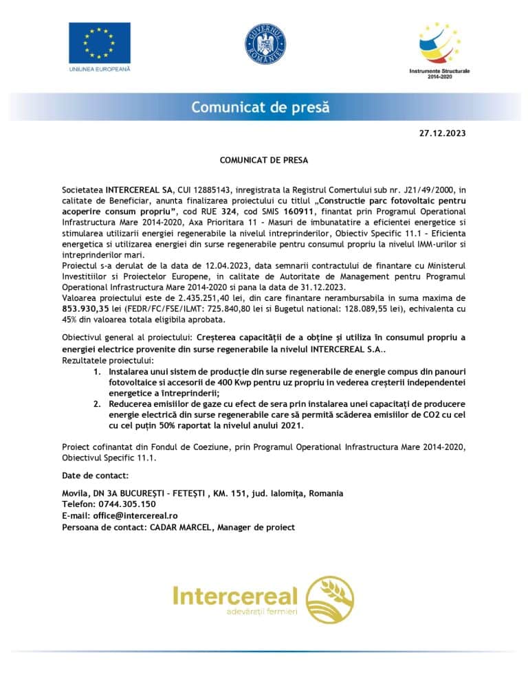 Comunicat de presa INTERCEREAL SRL
