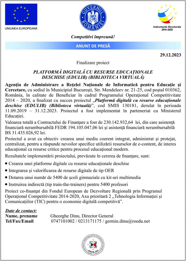 Comunicat de presă Agenţia de Administrare a Reţelei Naţionale de Informatică pentru Educaţie şi Cercetare