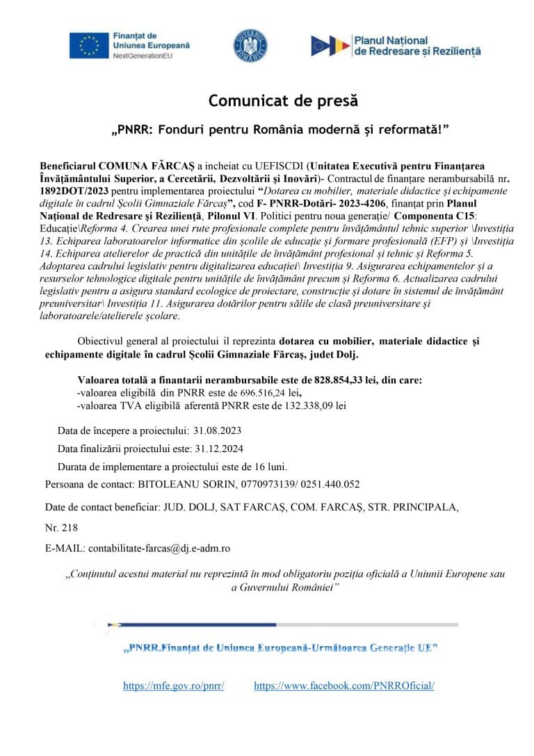 Comunicat de presă Comuna Fărcaș