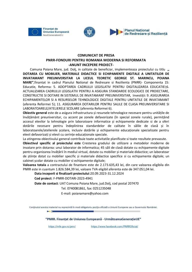 Comunicat de presă Comuna Poiana Mare