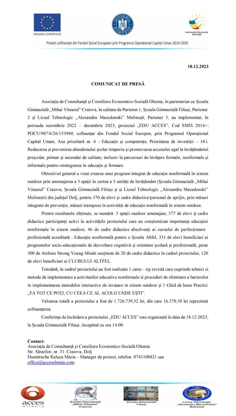 Comunicat de presă – EDU ACCES