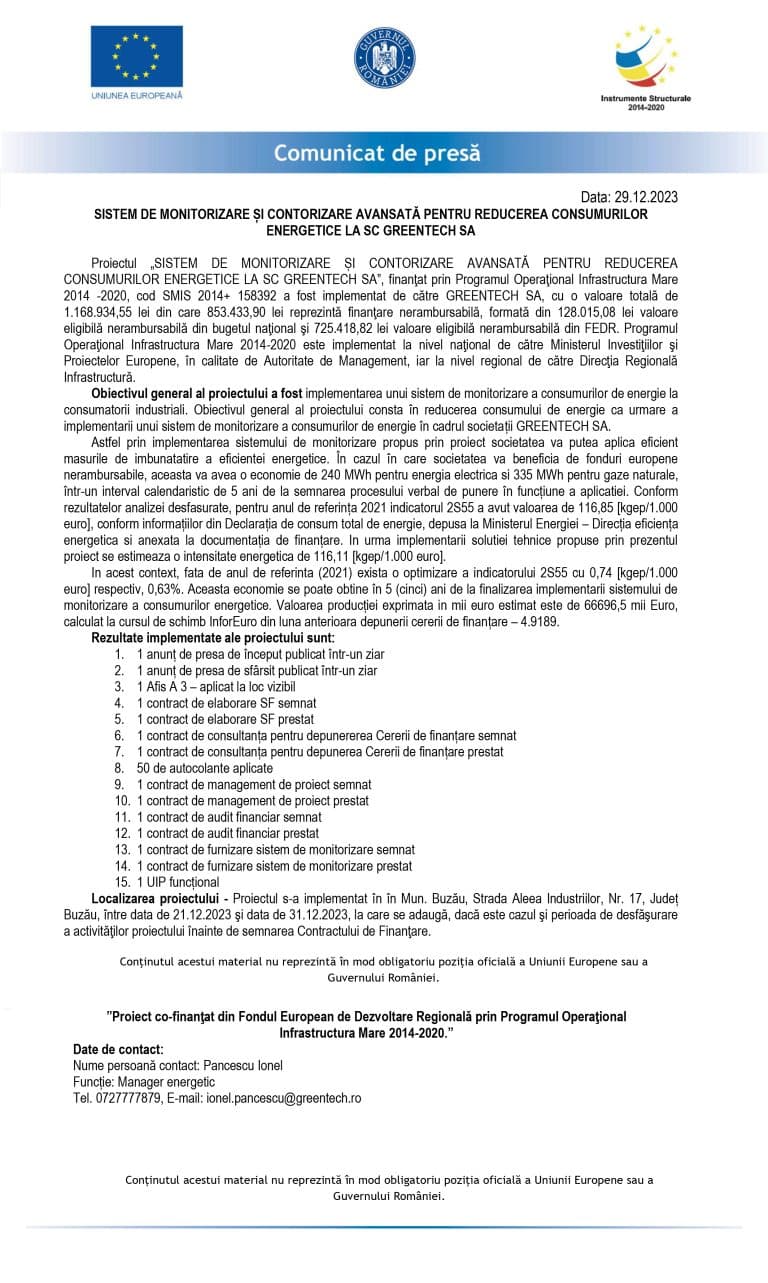 Comunicat de presă GREENTECH SA