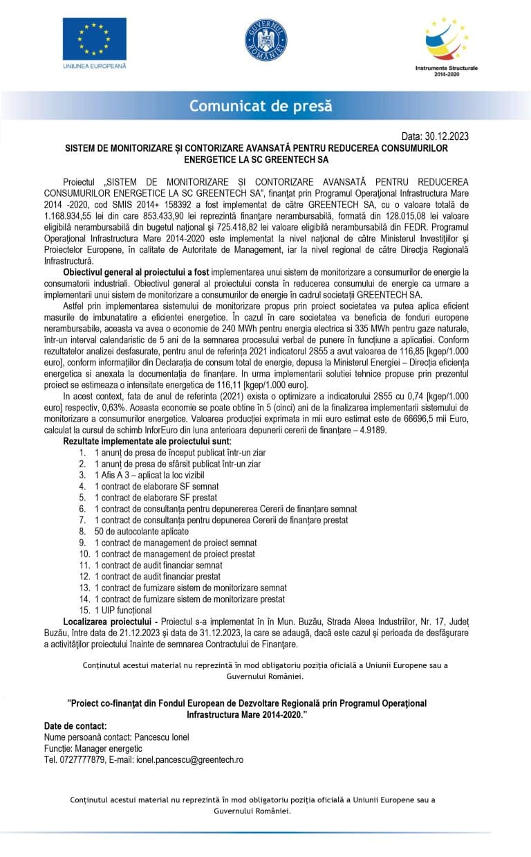 Comunicat de presă GREENTECH SA
