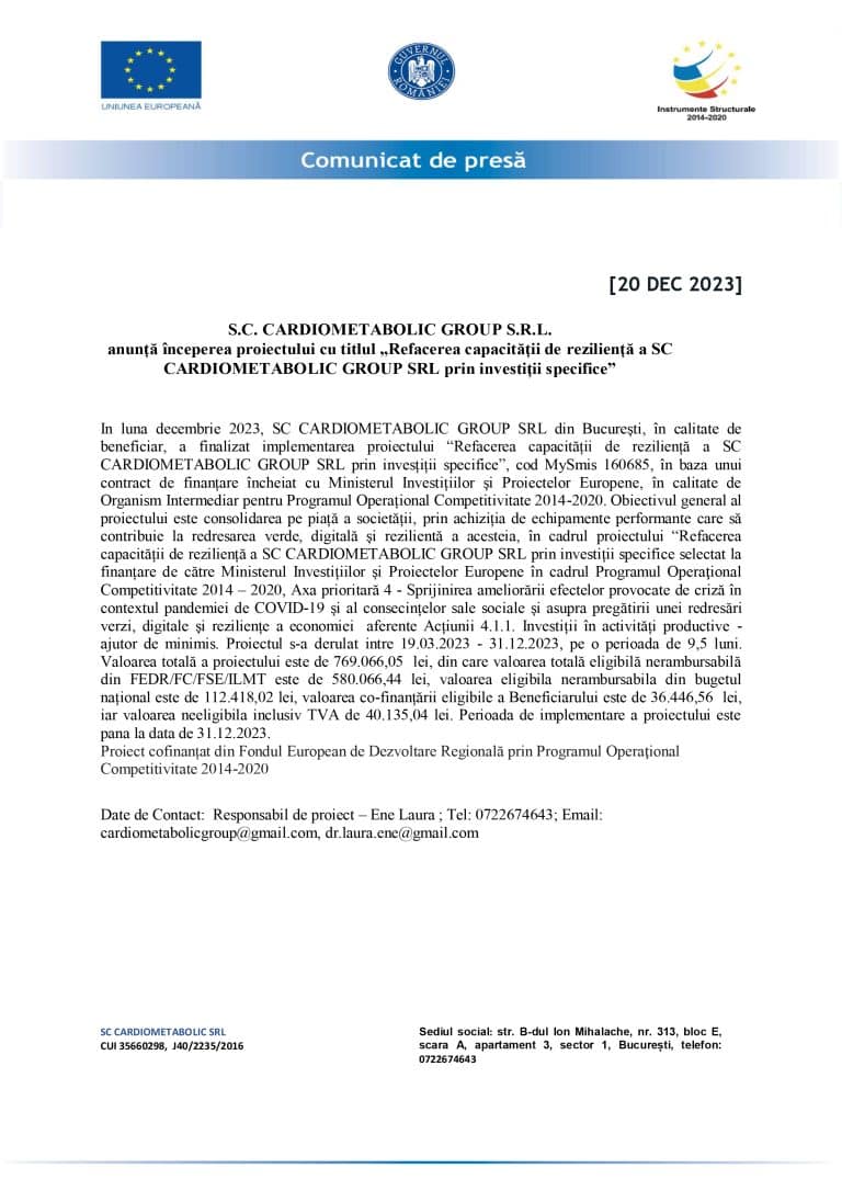 Comunicat de presă SC CARDIOMETABOLIC GROUP SRL