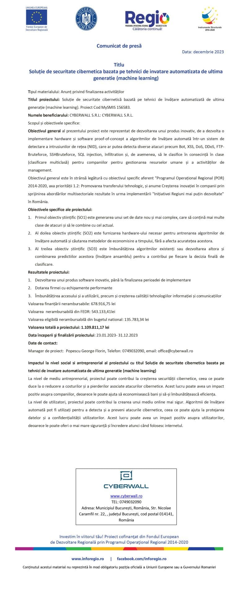 Comunicat de presă SC CYBERWALL S.R.L.
