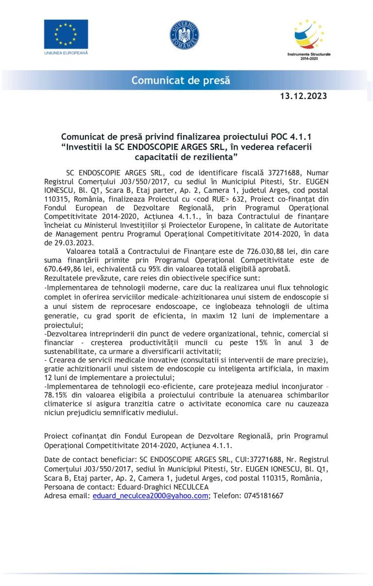 Comunicat de presă SC ENDOSCOPIE ARGES SRL