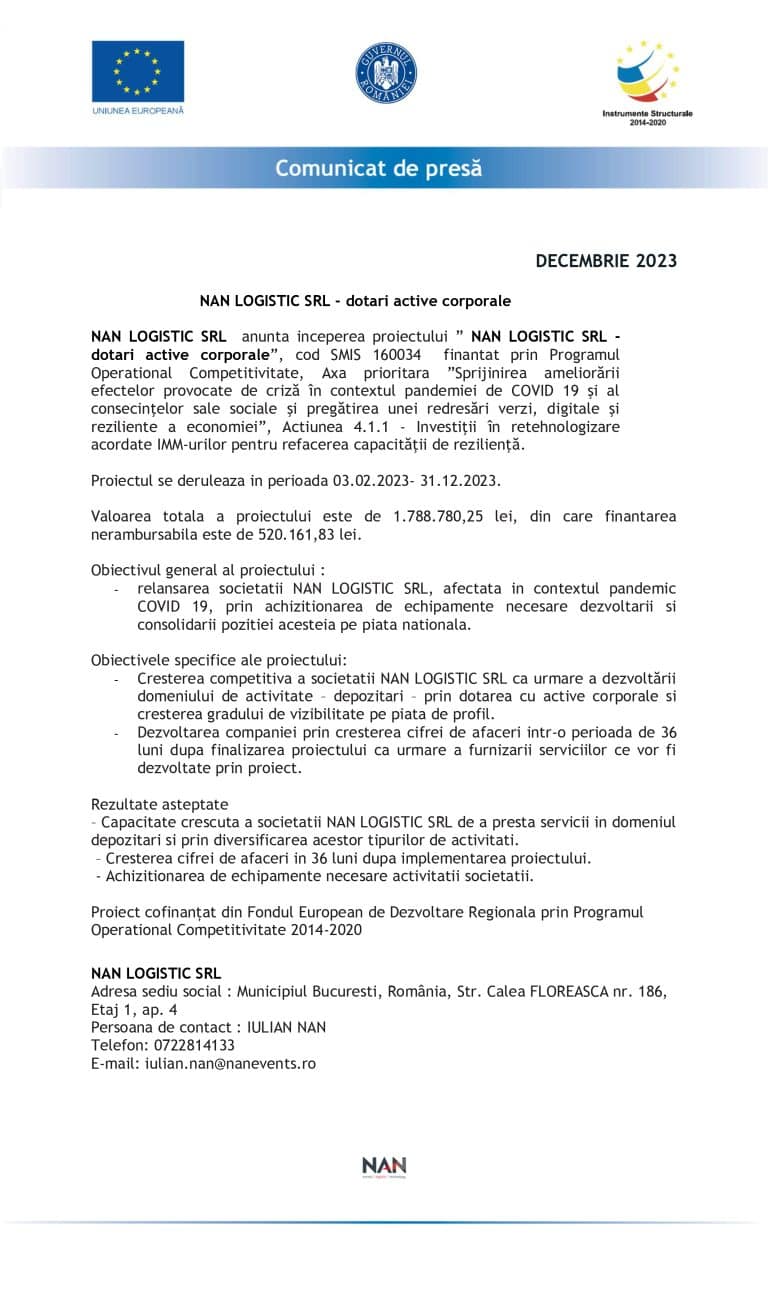 Comunicat de presă SC NAN LOGISTIC SRL