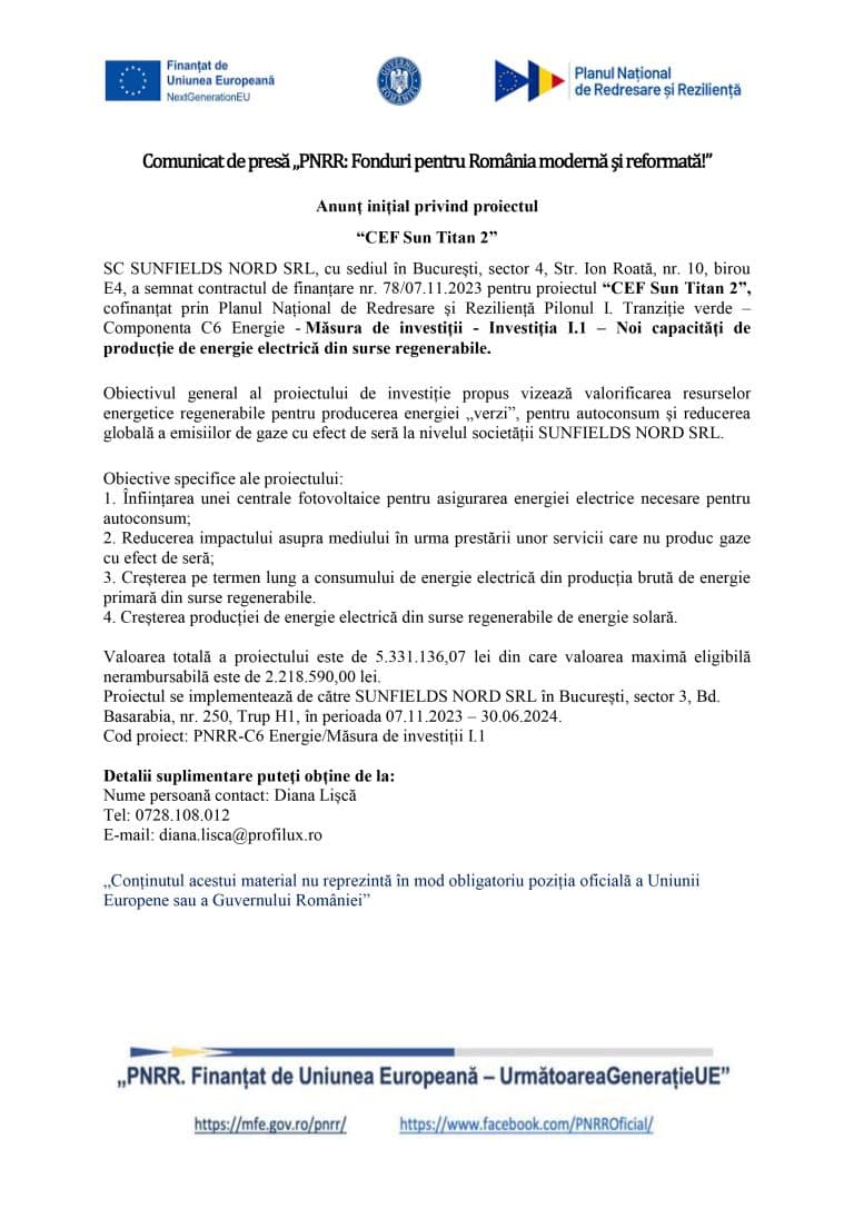Comunicat de presă SC SUNFIELDS NORD SRL