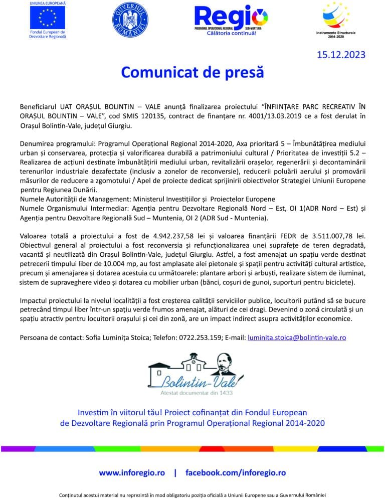 Comunicat de presă UAT Orașul Bolintin-Vale