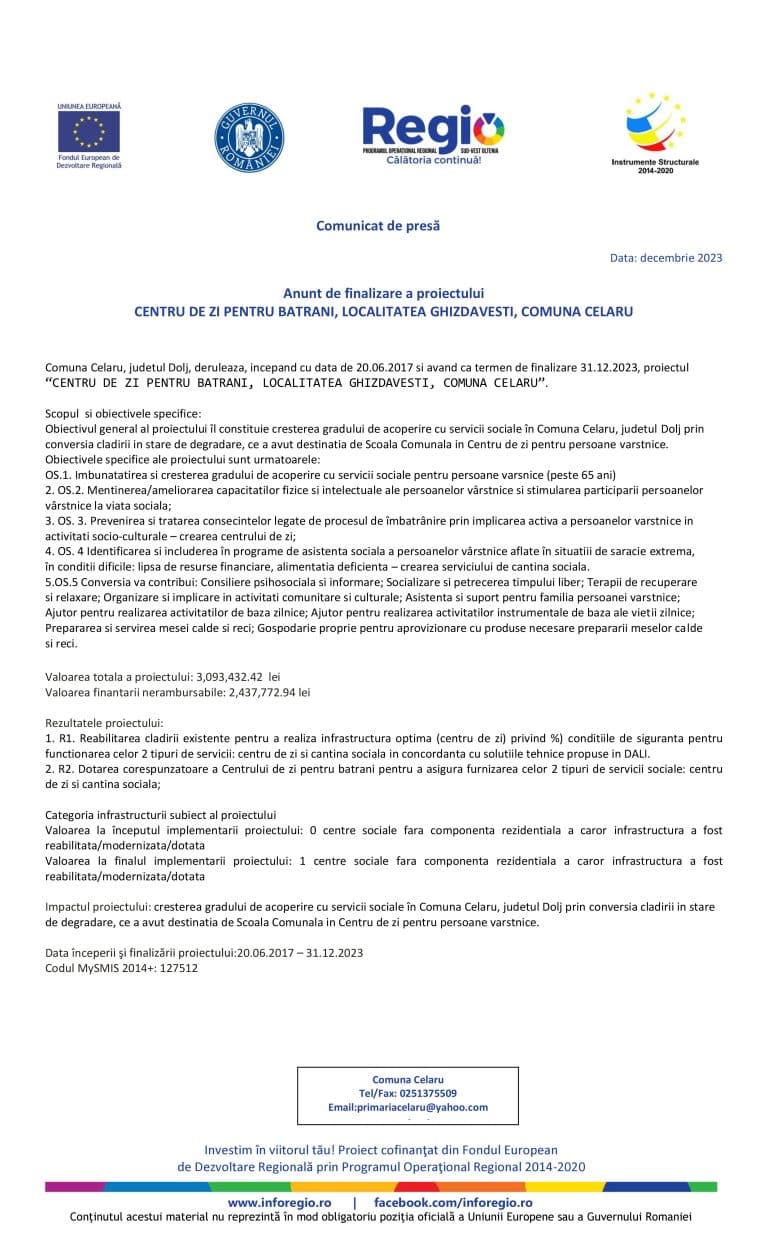 Comunicat de presă anunț finalizare proiect Centru de zi bătrâni