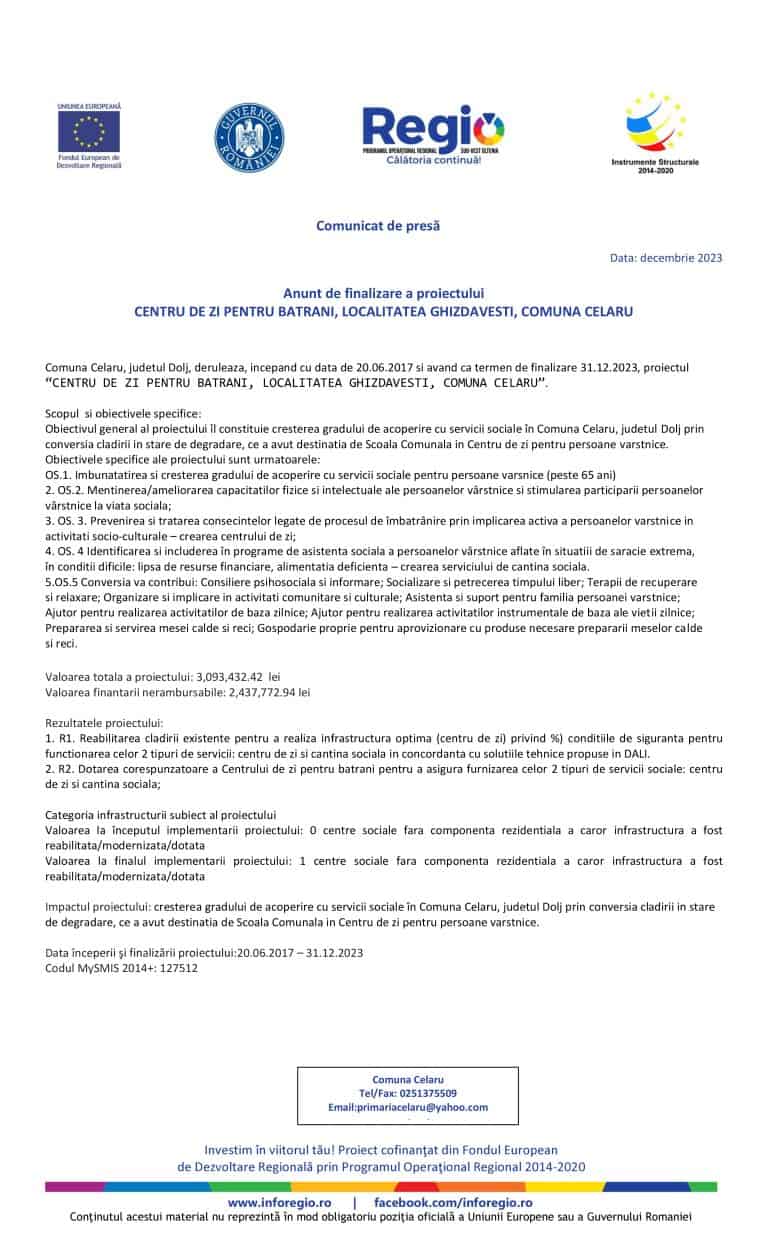 Comunicat de presă anunț finalizare proiect Centru de zi bătrâni