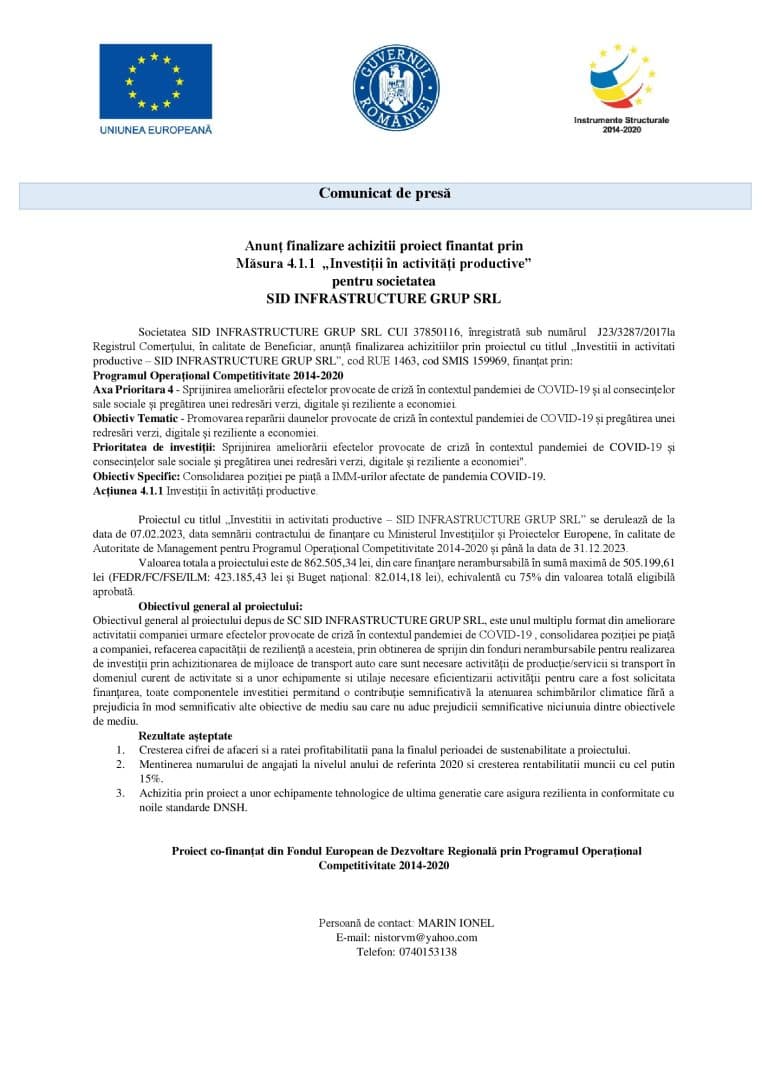 Comunicat de presă SID INFRASTRUCTURE GRUP SRL