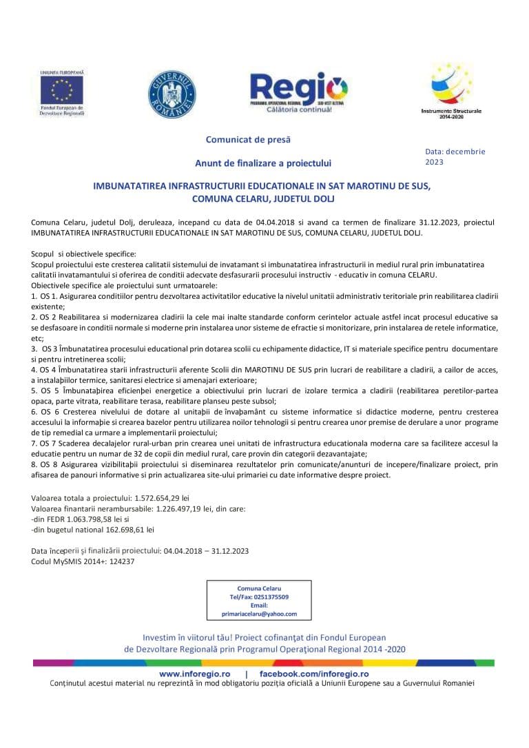 Comunicat de presă anunț finalizare proiect Școala Marotinu de Sus