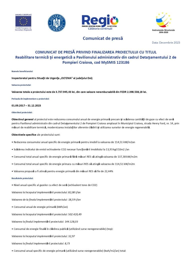 Comunicat de presă Inspectoratul pentru Situații de Urgența „OLTENIA” al județului Dolj