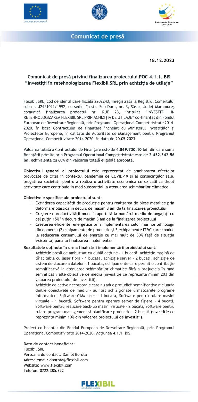 Comunicat de presă finalizare proiect Flexibil SRL