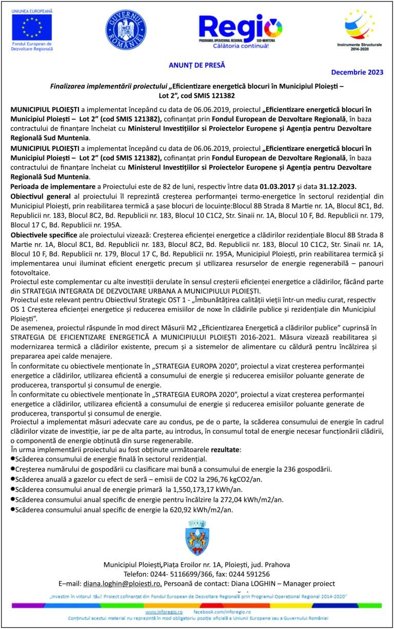 Comunicat de presă finalizare proiect Municipiul Ploiești