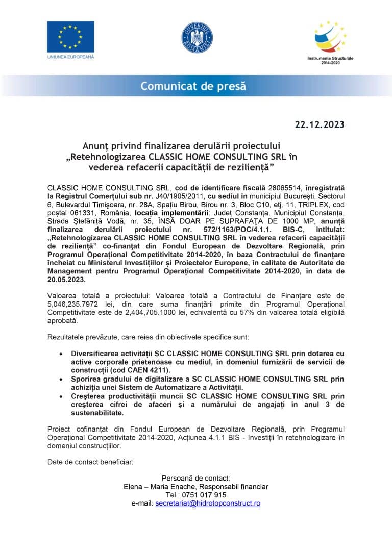 Comunicat de presă finalizare proiect SC CLASSIC HOME CONSULTING SRL (2)