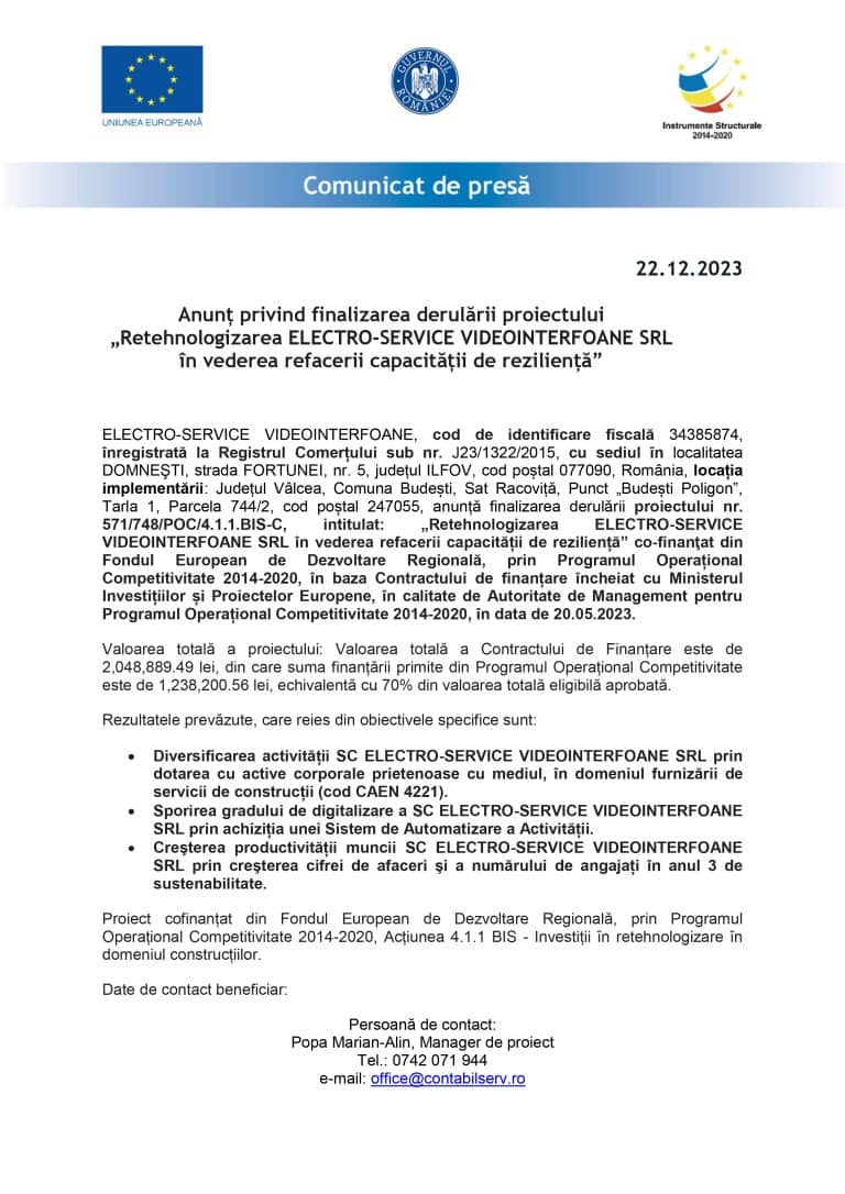 Comunicat de presă finalizare proiect SC ELECTRO-SERVICE VIDEOINTERFOANE SRL