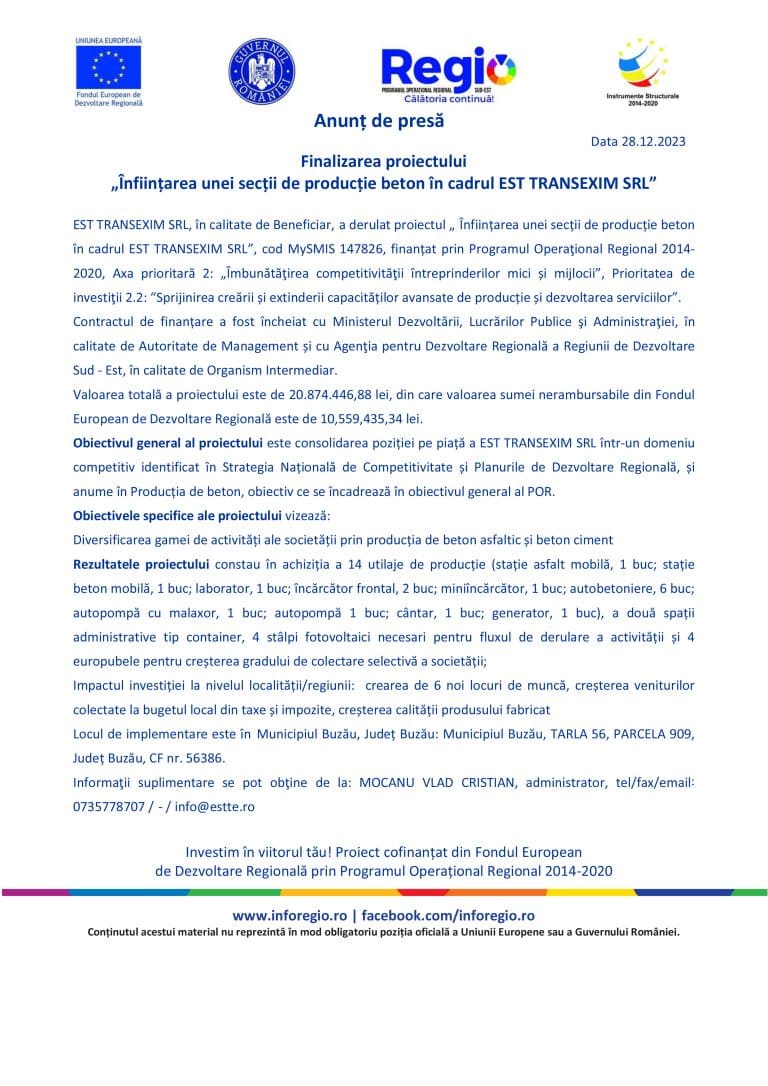 Comunicat de presă finalizare proiect SC EST TRANSEXIM SRL