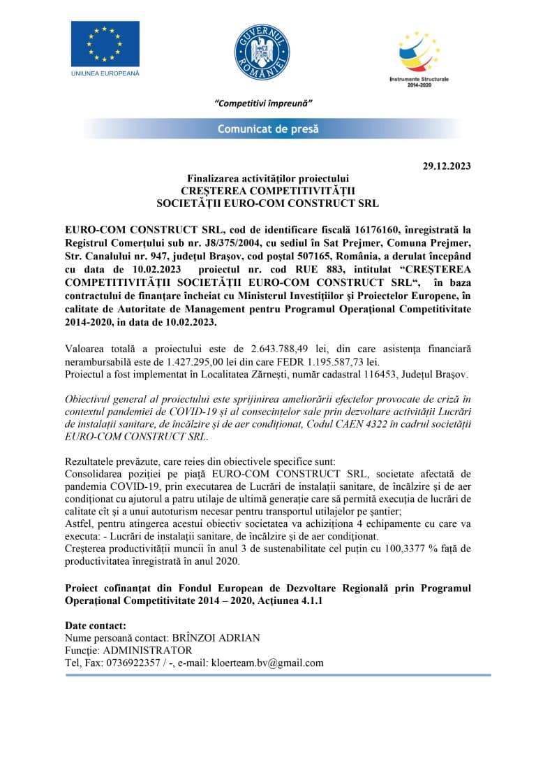 Comunicat de presă finalizare proiect SC EURO-COM CONSTRUCT SRL