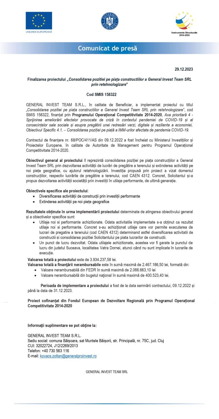 Comunicat de presă finalizare proiect SC GENERAL INVEST TEAM S.R.L.