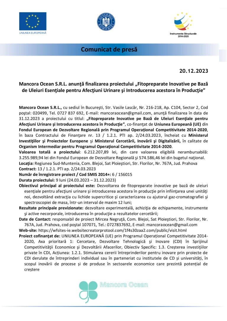 Comunicat de presă finalizare proiect SC Mancora Ocean S.R.L.