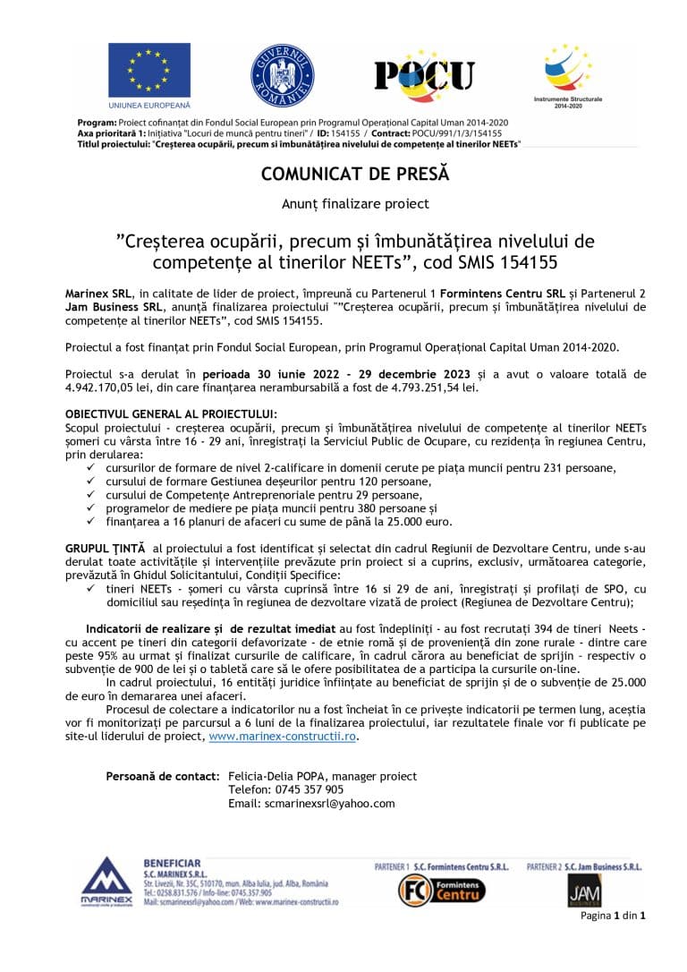Comunicat de presă finalizare proiect SC Marinex SRL