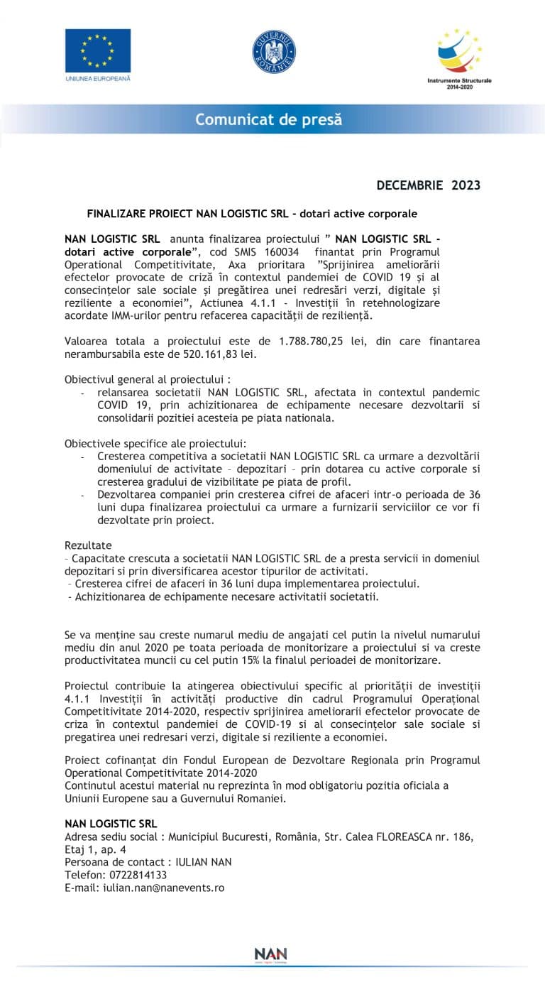 Comunicat de presă finalizare proiect SC NAN LOGISTIC SRL