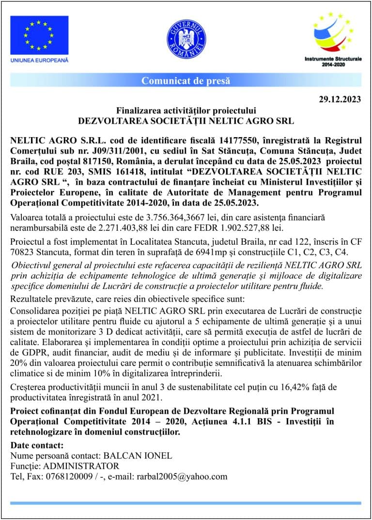 Comunicat de presă finalizare proiect SC NELTIC AGRO SRL
