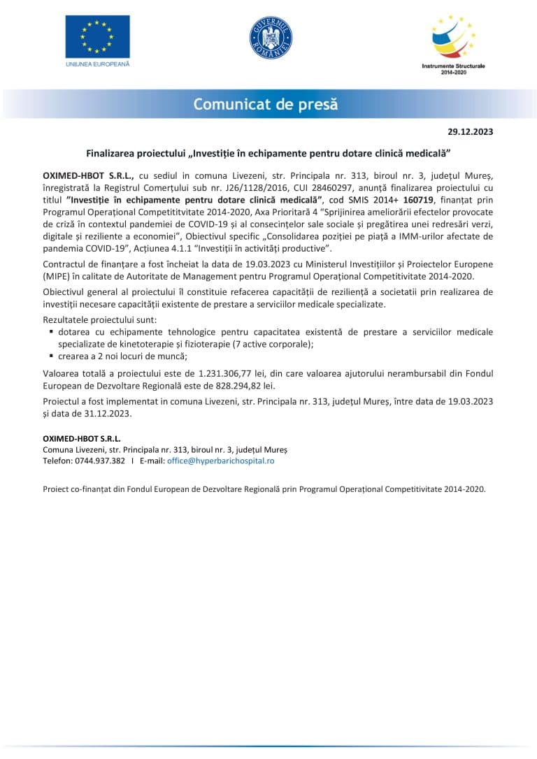 Comunicat de presă finalizare proiect SC OXIMED-HBOT S.R.L.