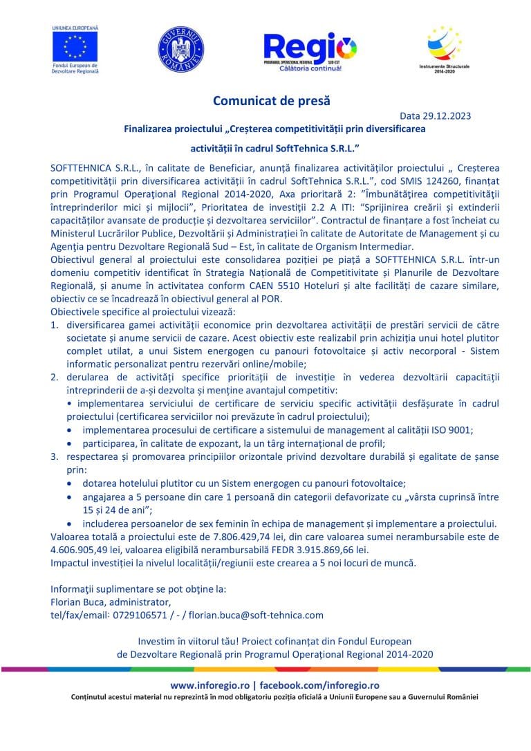 Comunicat de presă finalizare proiect SC SOFTTEHNICA S.R.L.