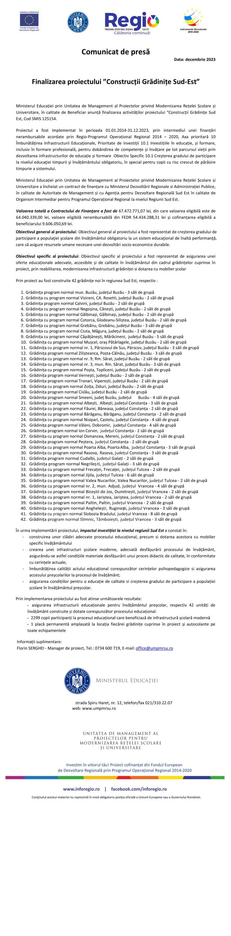 Comunicat de presă finalizare proiect Sud Est