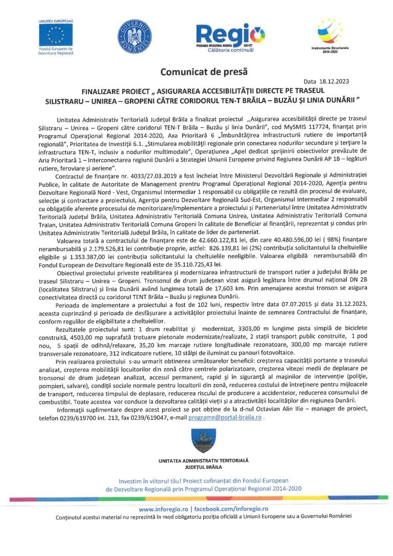 Comunicat de presă finalizare proiect UAT Județul Brăila