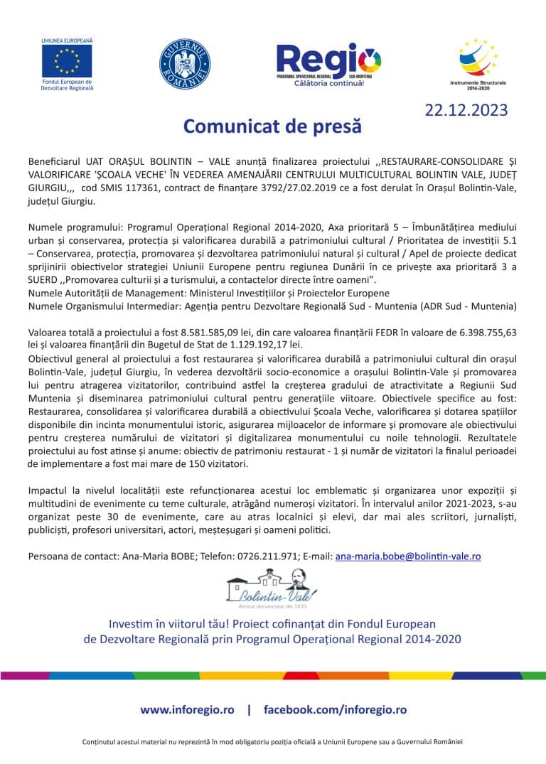 Comunicat de presă finalizare proiect UAT Orașul Bolintin-Vale
