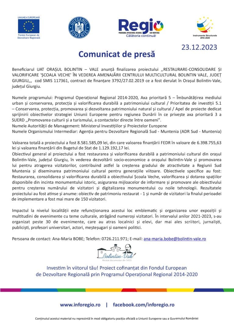 Comunicat de presă finalizare proiect UAT Orașul Bolintin-Vale