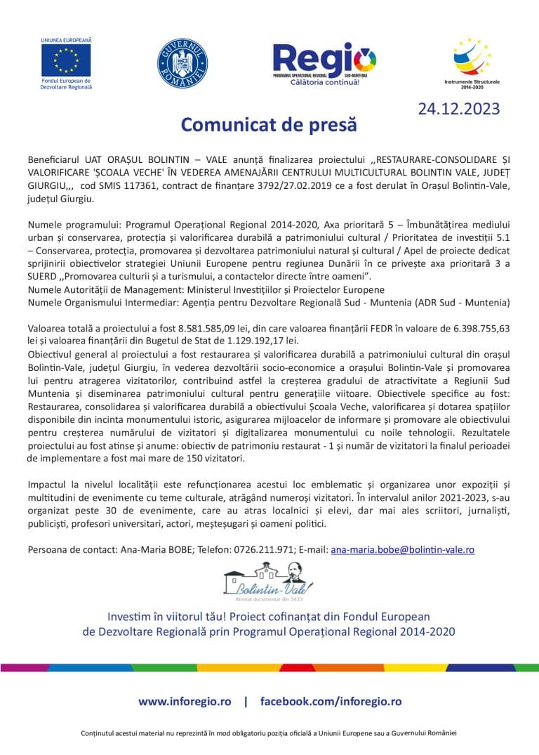 Comunicat de presă finalizare proiect UAT Orașul Bolintin-Vale