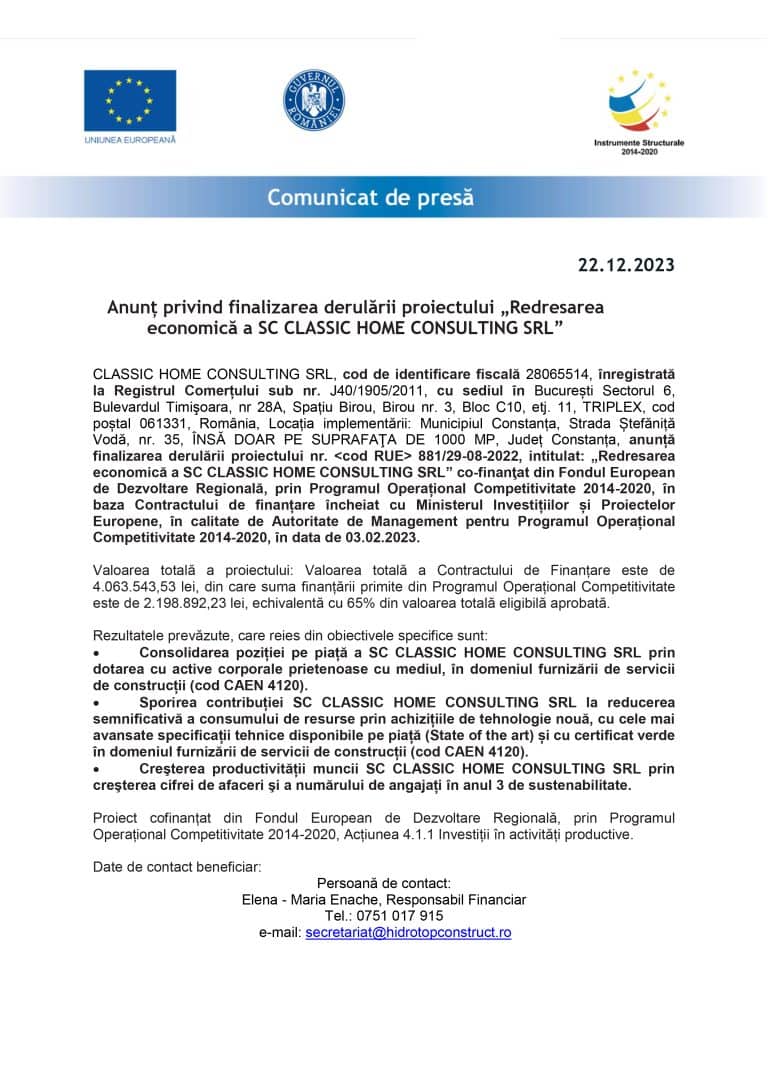 Comunicat de presă finalizare proiesct SC CLASSIC HOME CONSULTING SRL
