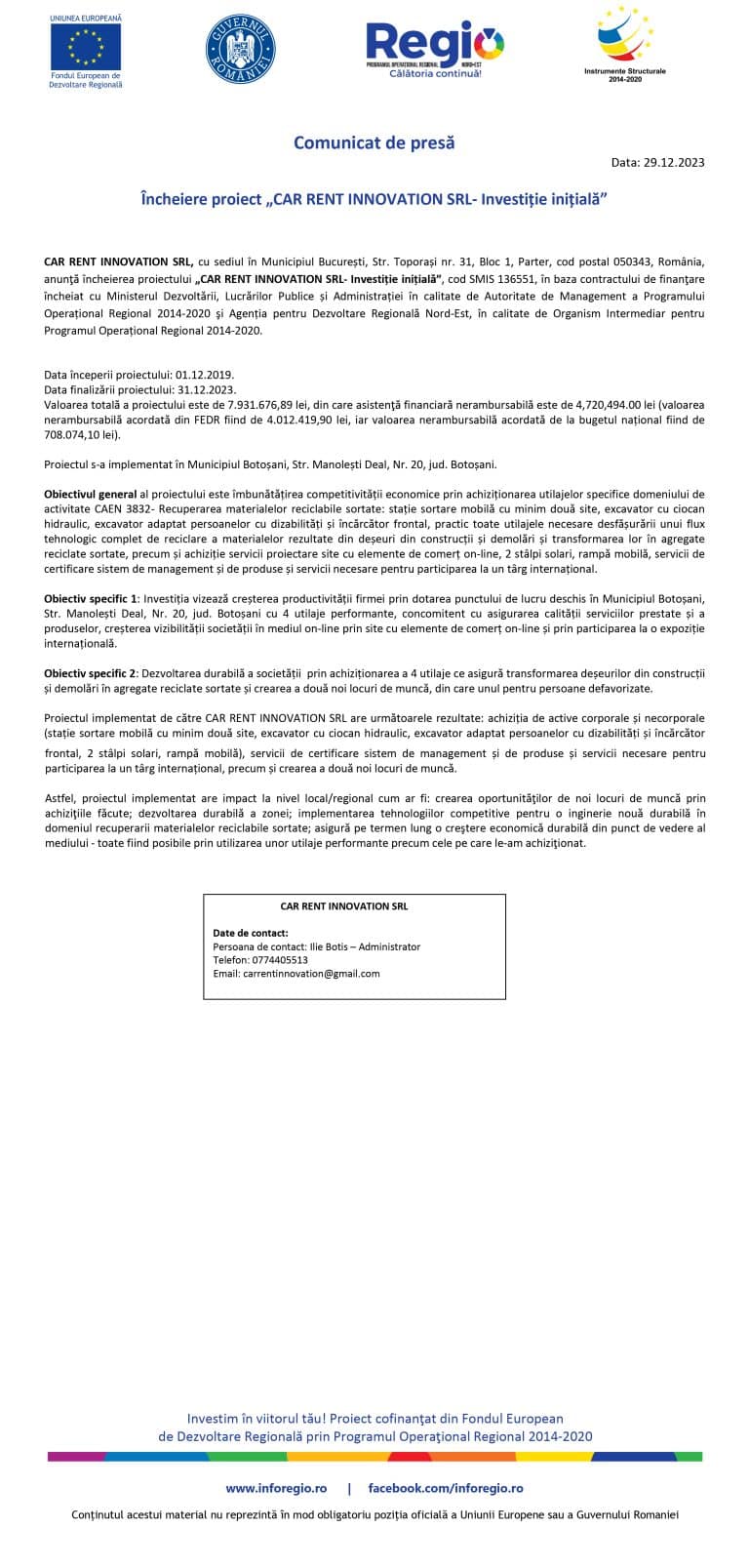 Comunicat de presa încheiere SMIS 136551 SC CAR RENT INNOVATION SRL