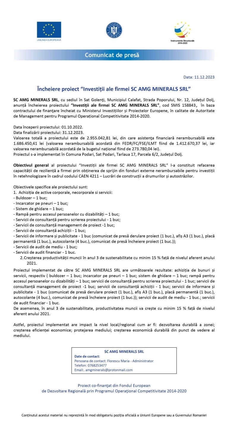 Comunicat de presă încheiere proiect AMG MINERALS SRL
