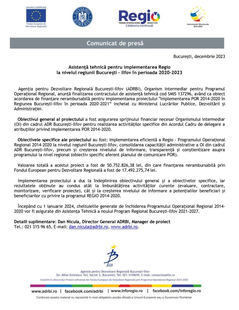 Comunicat de presă încheiere proiect Agenţia pentru Dezvoltare Regională Bucureşti–Ilfov