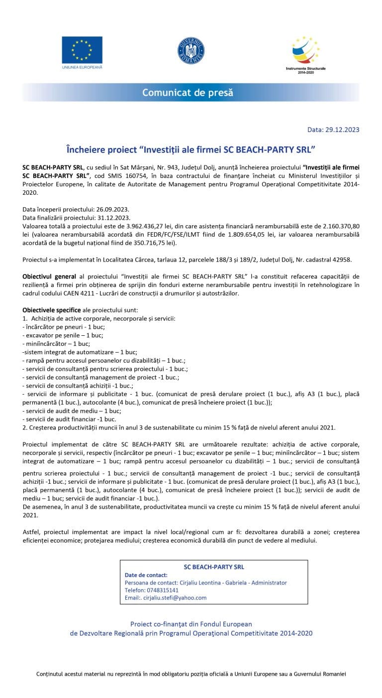 Comunicat de presă SC BEACH-PARTY SRL